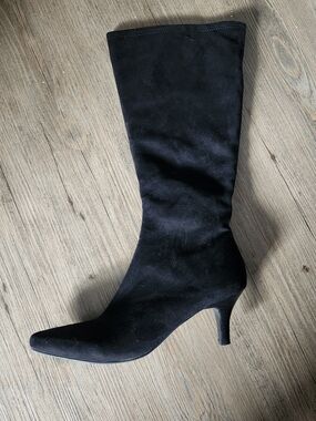 Women's Black Mid-Calf Imitation Suede Pointed Toe Kitten Heel Boots